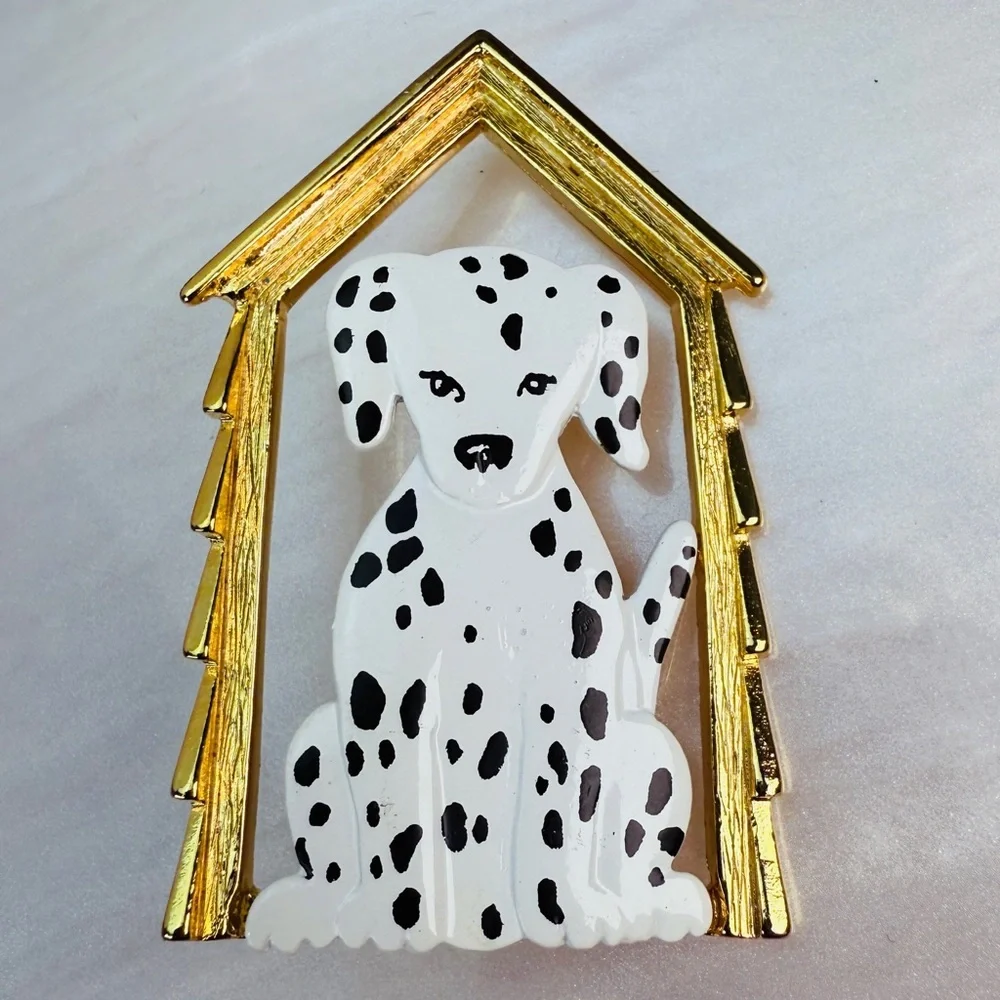 Signed JJ Dalmatian Dog in Doghouse Gold Tone Brooch Pin White Black Enamel